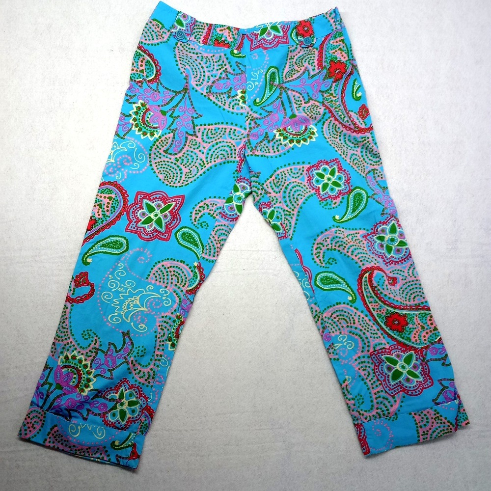 Weekend Max Mara Womens SZ 10 Capri Pants Paisley Blue Stretch Cotton Italy